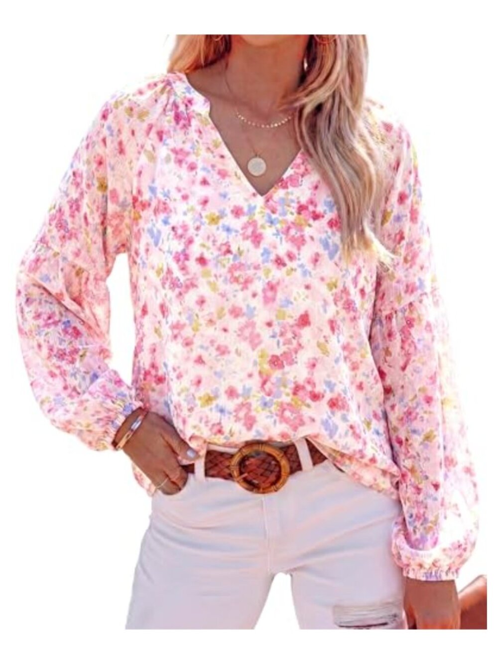 Womens V Neck Flutter Long Sleeve Floral Chiffon Blouse Boho Top